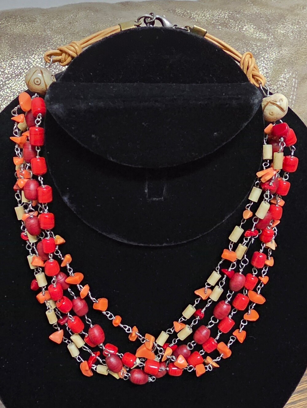 Layered Red & Orange Multi-Strand Beaded Necklace